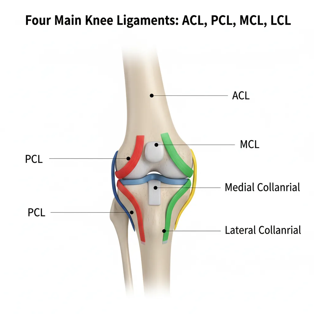 Anatomical diagram showing ACL, PCL, MCL, and LCL ligaments in the knee.