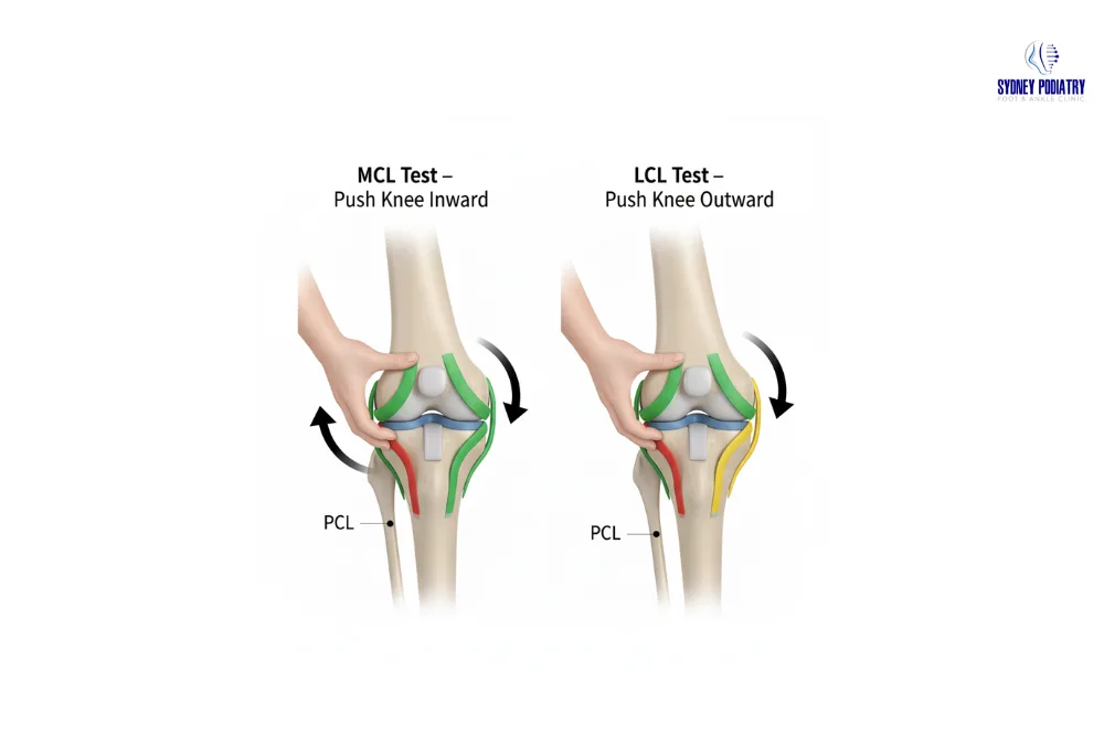 Diagram showing MCL and LCL home ligament stability tests with correct hand placement.