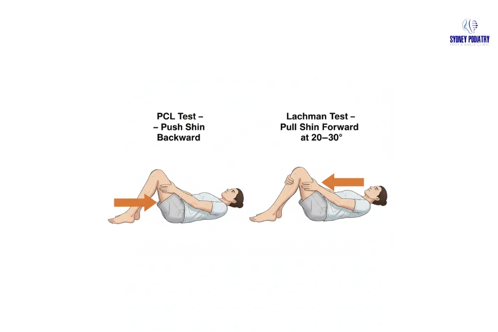 Illustration showing PCL and Lachman ligament tests performed safely at home.