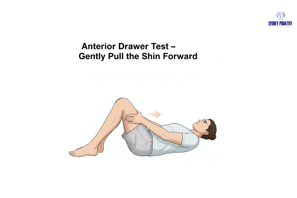 Person performing anterior drawer test at home to check ACL ligament.