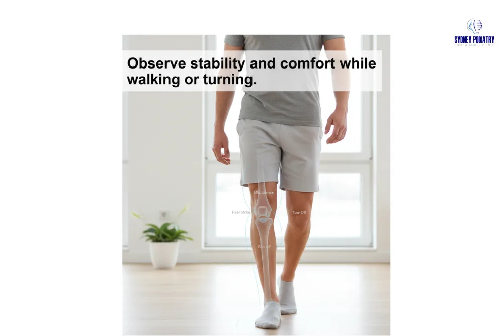 Individual walking slowly to assess knee stability during movement.