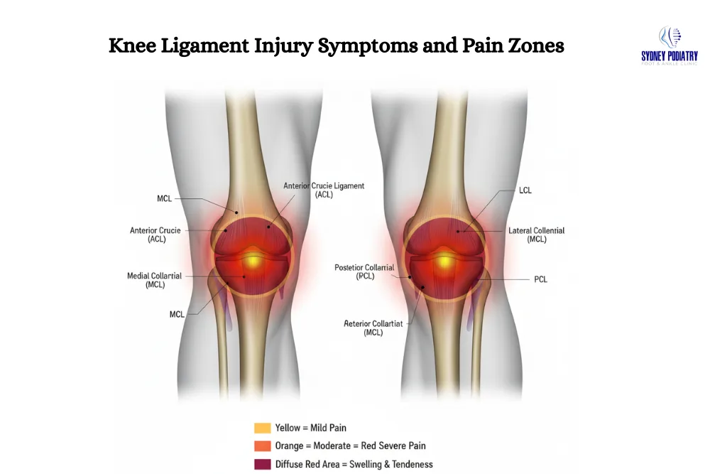 Diagram showing common pain and swelling areas in the knee for ACL, PCL, MCL, and LCL injuries.