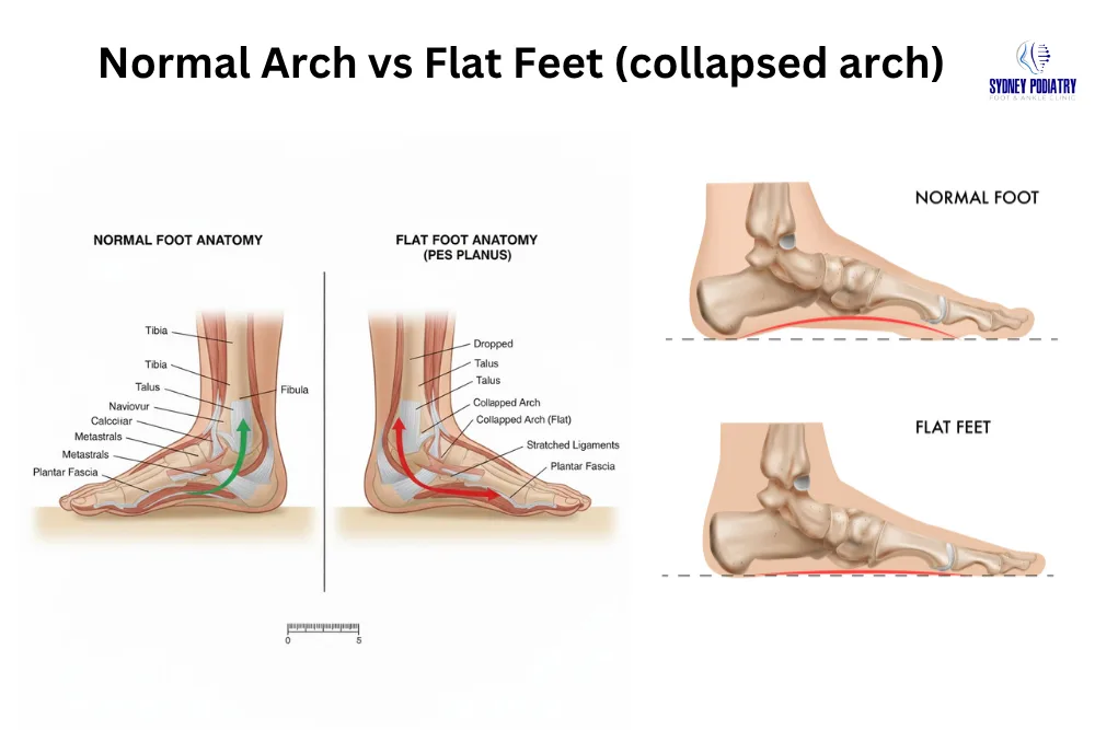 What are flat feet explained with anatomy